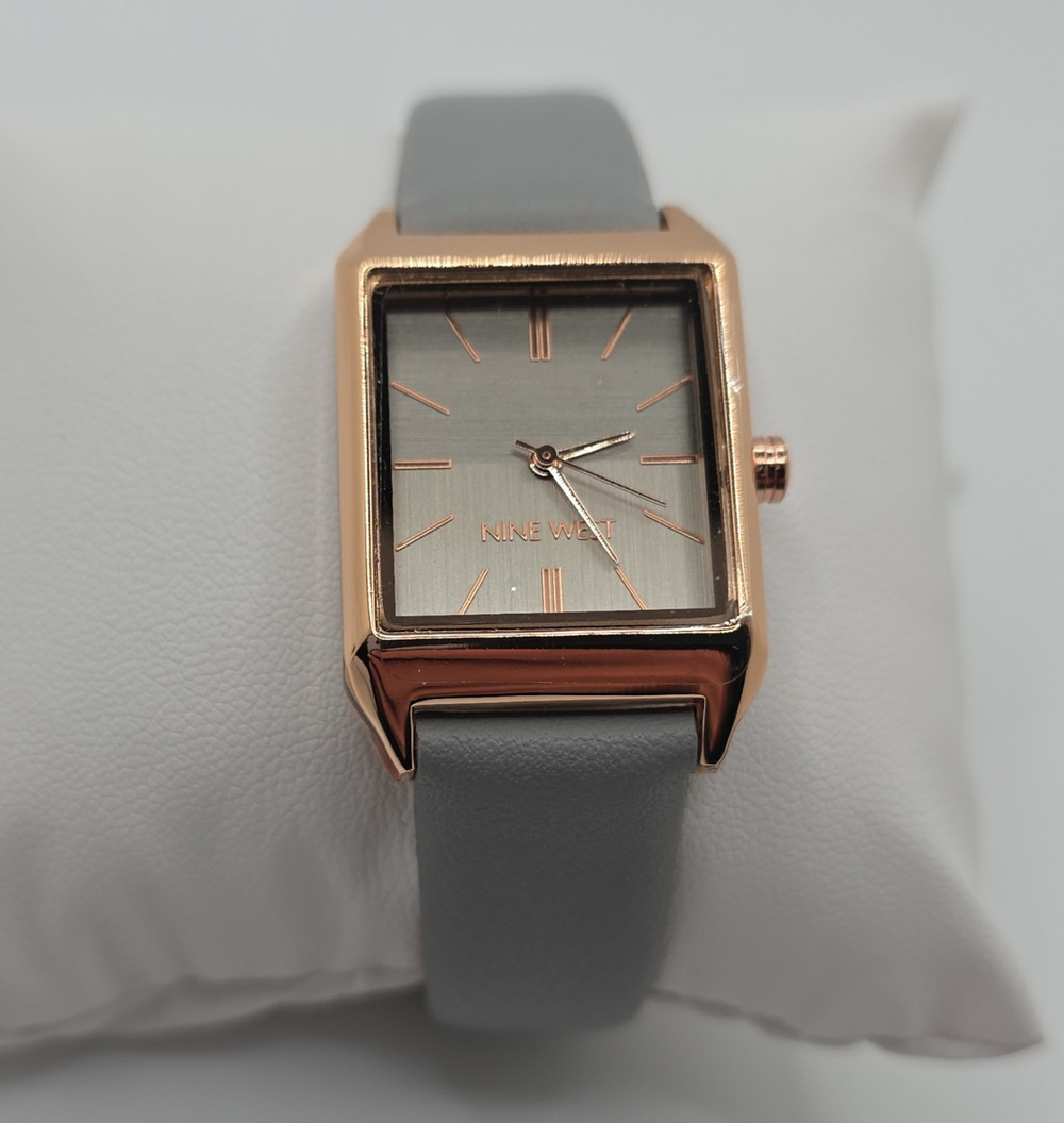 Nine West Women’s Analog Quartz Rectangle Watch Gray Leather Strap w/ Box